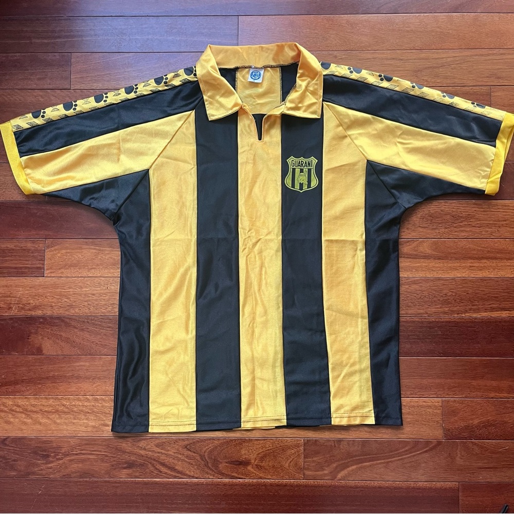 Vintage Black and Gold Striped Club Guarani Soccer Football Shirt Jersey Large